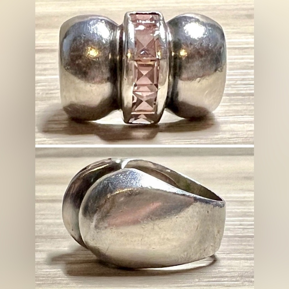 Vintage Designer Sterling Silver Channel Set Pink Topaz Dome Ring, Size 5.5